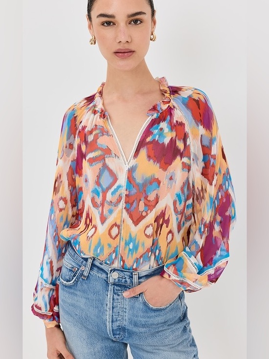 Figue Tops - Figue Luz Silk Blouse V Neck Watercolor Colorful Print Womens size XLarge
